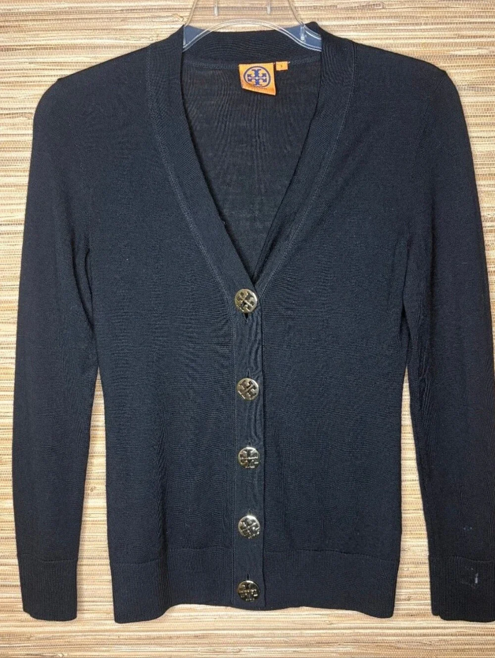 Tory Burch Merino Black Cardigan with Gold Logo Buttons Size Small